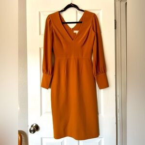 Dress The Population Norah Midi Dress Honey Long Sleeve Plunge Neck Size XS NWT